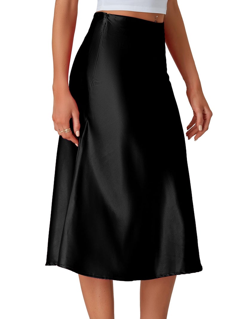 LYANER Women's Elegant Satin Silky Elastic High Waist Zipper A Line Midi Skirts Black Medium - Image 3