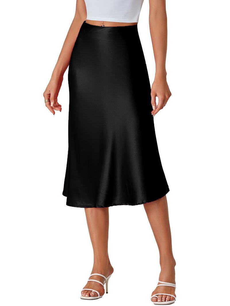 LYANER Women's Elegant Satin Silky Elastic High Waist Zipper A Line Midi Skirts Black Medium - Image 4