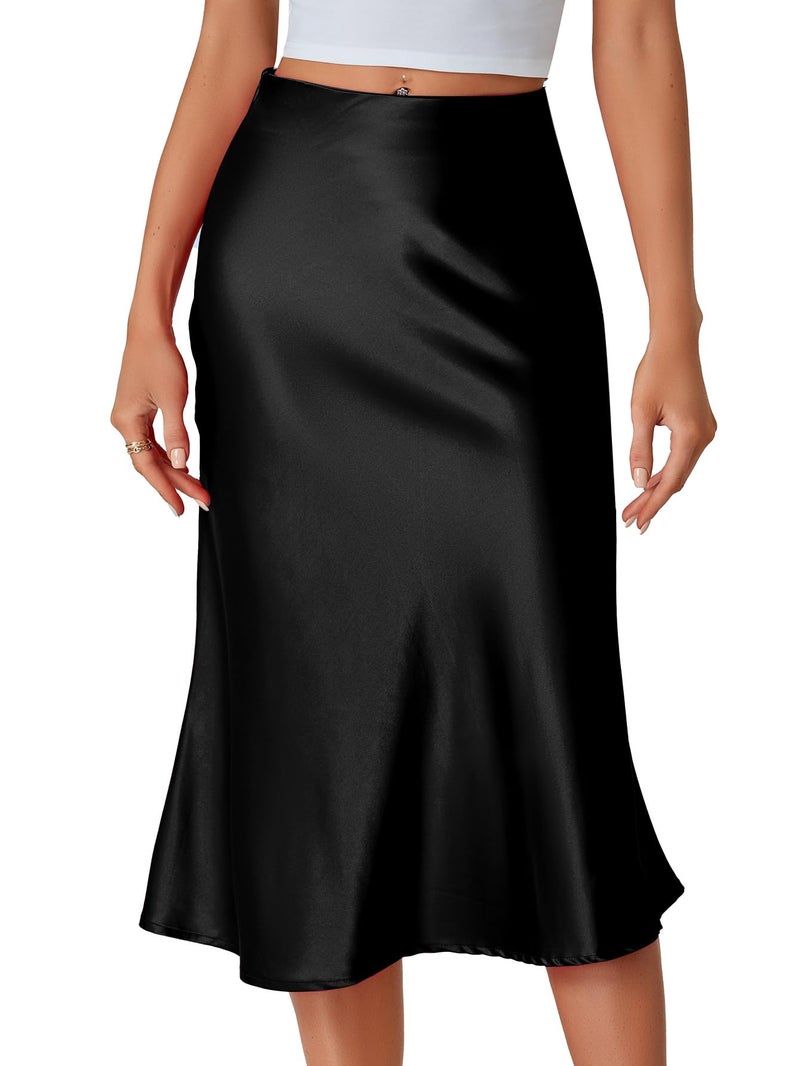 LYANER Women's Elegant Satin Silky Elastic High Waist Zipper A Line Midi Skirts Black Medium - Image 1
