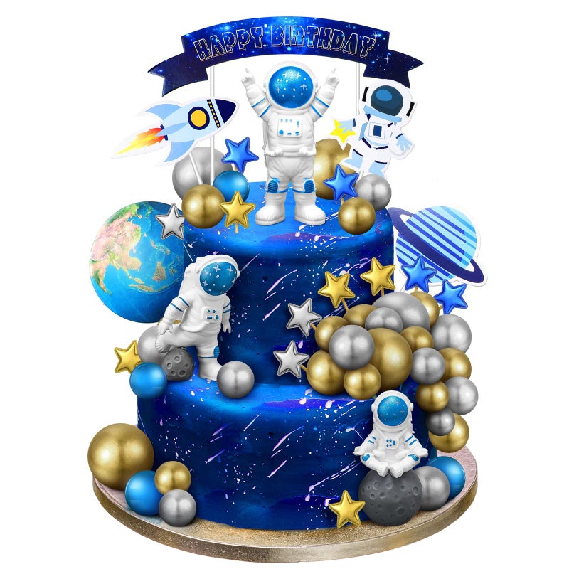 Epakh 24 Pcs Astronaut Space Cake Toppers Outer Space Cake Decorations Astronaut Figurine Birthday Party Supplies Planet Rocket Satellite Pearl Balls Stars for Baby Shower DIY ActivityBlue - Image 3