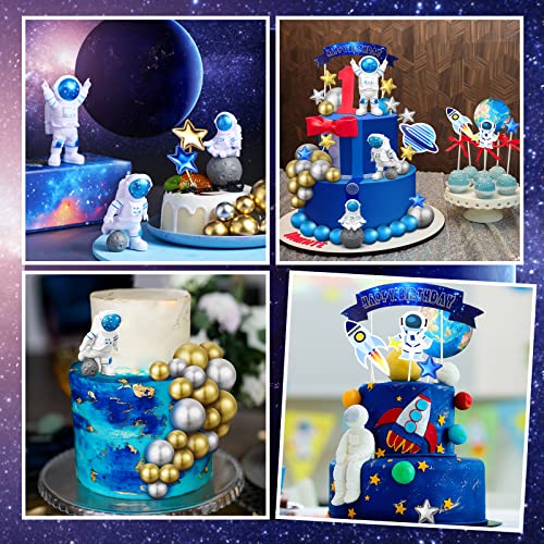 Epakh 24 Pcs Astronaut Space Cake Toppers Outer Space Cake Decorations Astronaut Figurine Birthday Party Supplies Planet Rocket Satellite Pearl Balls Stars for Baby Shower DIY ActivityBlue - Image 5