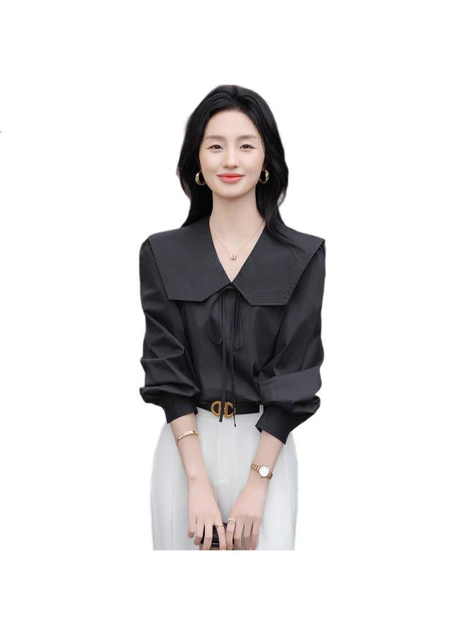 Dme "Breathable Cotton" Spring Literary Big Lapel Belted Shirt Puff Sleeve Concealing Meat Blouse Women'S Top - Image 2