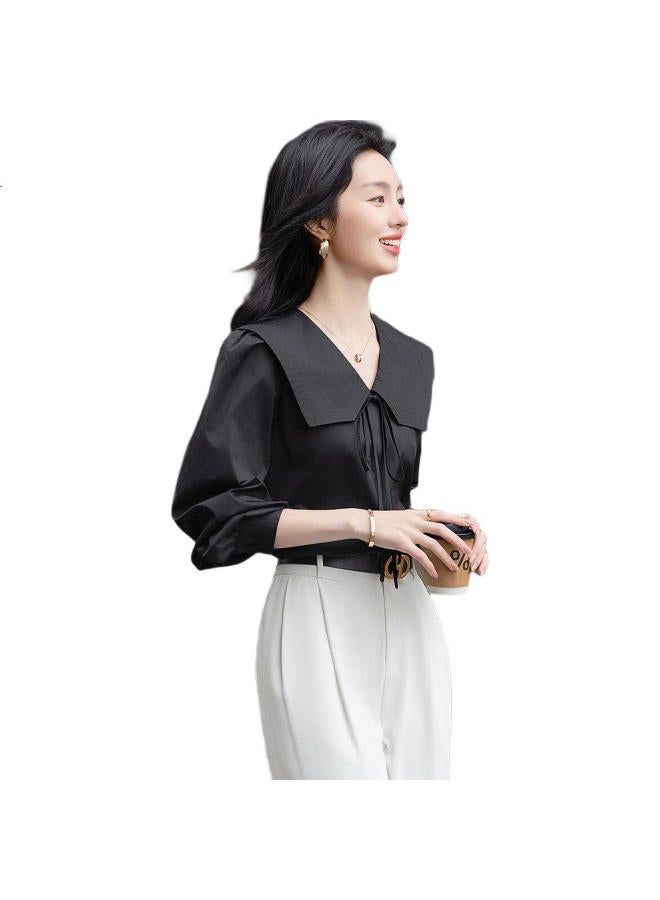 Dme "Breathable Cotton" Spring Literary Big Lapel Belted Shirt Puff Sleeve Concealing Meat Blouse Women'S Top - Image 3