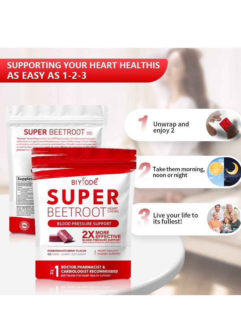 BIYODE - SuperBeets Heart Chews, Nitric Oxide and Blood Pressure Support, Grape Seed Extract & Non-GMO Beet Root Powder Energy Chews, Super Beets Heart Chews, Pomegranate Berry Flavor, 60 Count - Image 1