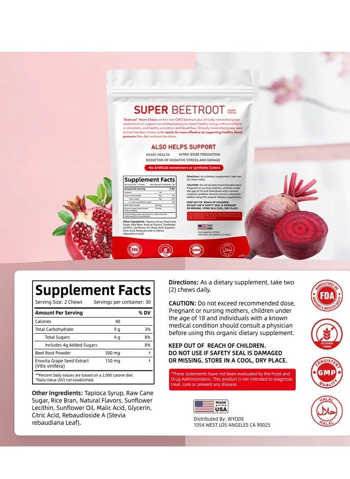 BIYODE - SuperBeets Heart Chews, Nitric Oxide and Blood Pressure Support, Grape Seed Extract & Non-GMO Beet Root Powder Energy Chews, Super Beets Heart Chews, Pomegranate Berry Flavor, 60 Count - Image 1