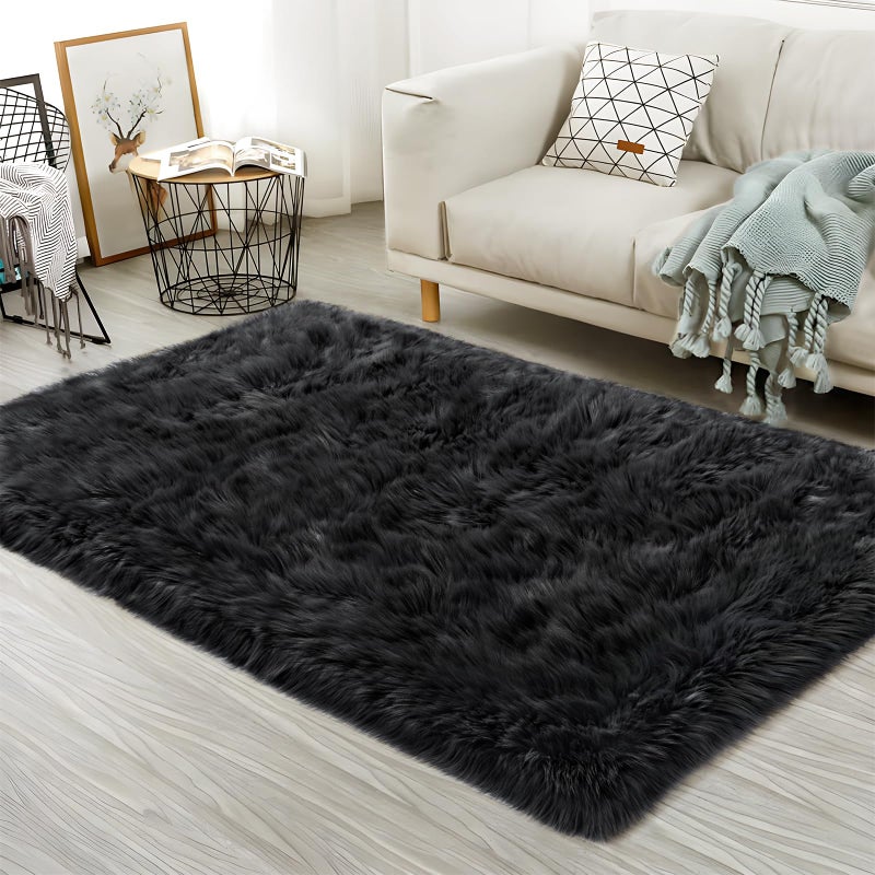 Ciicool Faux Fur Rug Black Fluffy Area Rugs for Bedroom Thick Fuzzy Shag Rug Furry Bedside Nursery Rug for Living Room Plush Indoor Floor Carpet for Kids Room Teen Dorm 3x5 ft