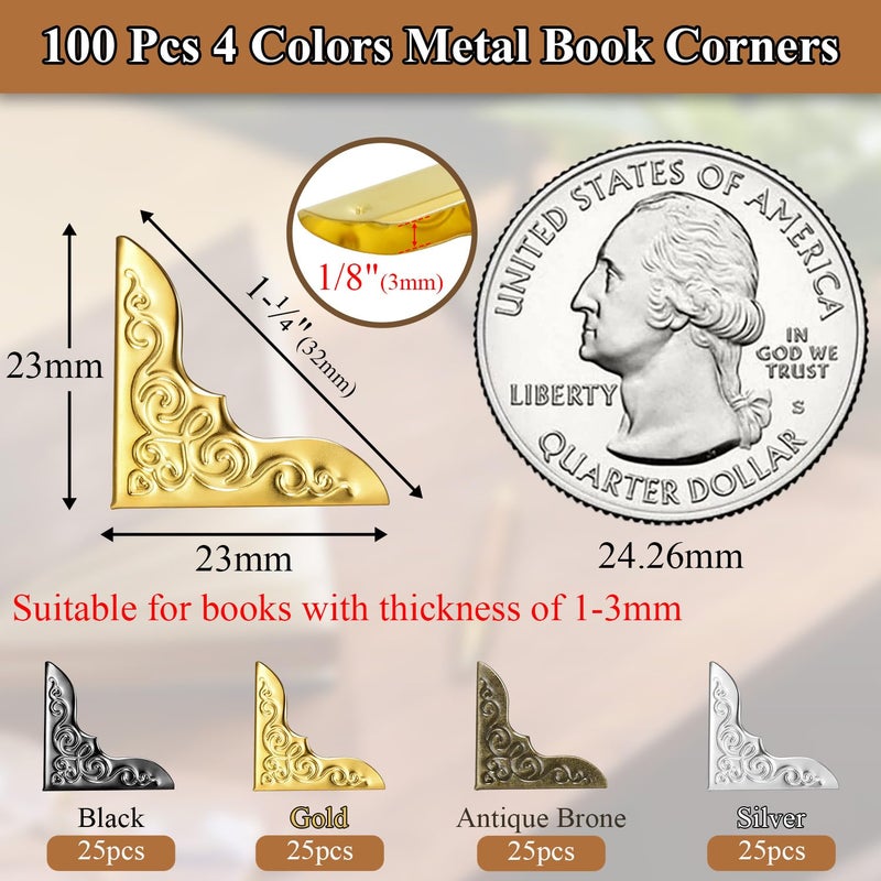 CooBigo 100pcs Metal Book Corner Protectors, 4 Assorted Colors Photo Corners Protector for Picture Vintage Photo Covers Decorative Paperbacks Scrapbooking Journal Book Edge Guard Accessories - Image 2