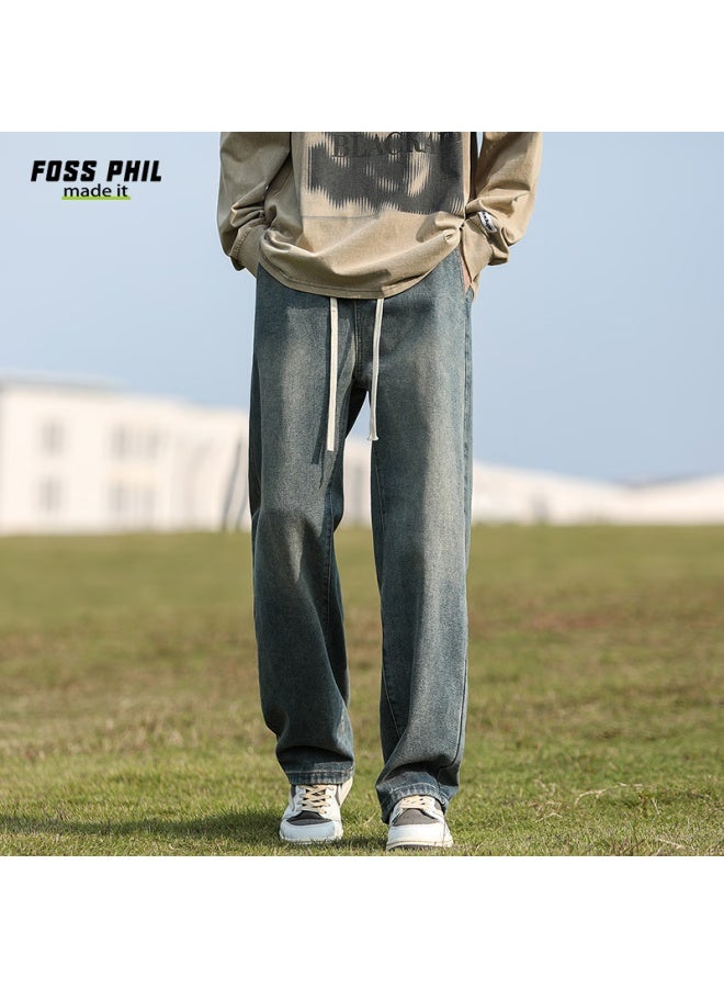 Foss Phil Men's Jeans, Spring And Summer Straight-leg Wide-leg American-style Trendy Casual Pants, Y06 Nostalgic Blue, Size L - Image 1
