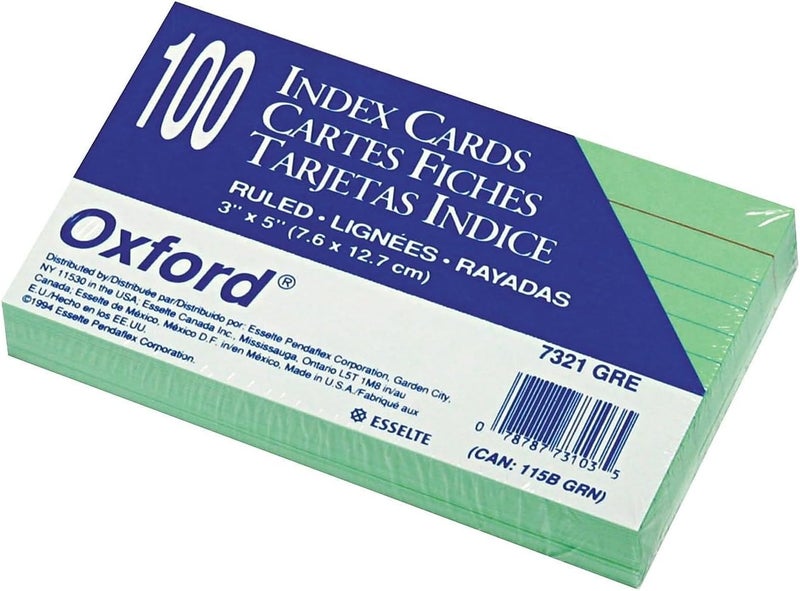 Oxford Ruled Color Index Cards, 3" x 5", Green, 100 Per Pack - Image 1