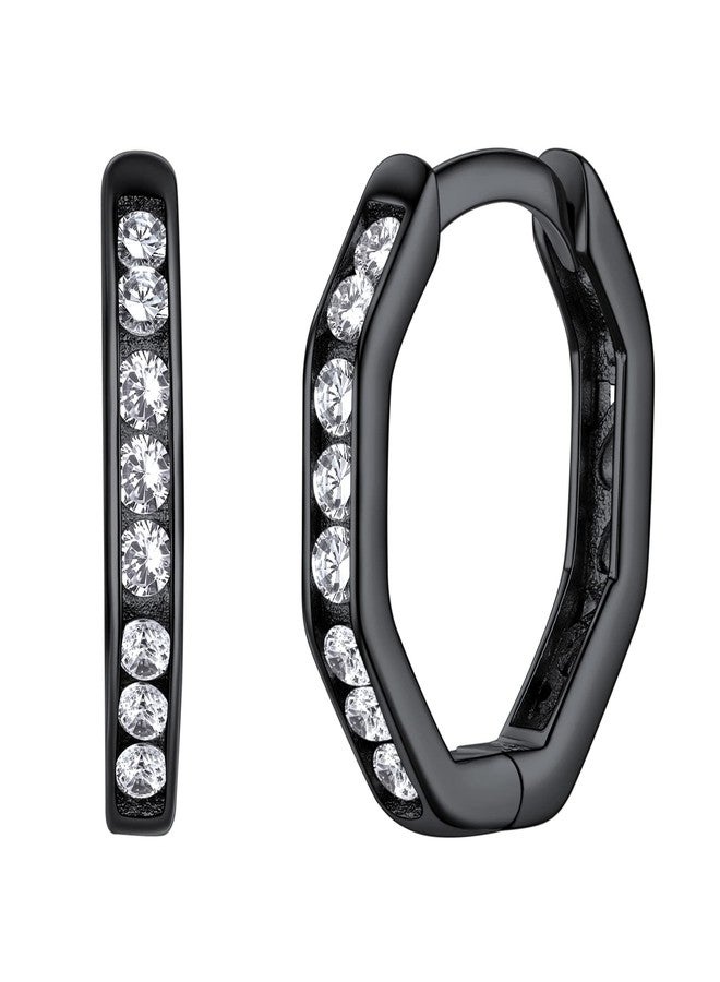 Silvora Womens Black Octagon Small Hoop Earrings Shining Fashion Cubic Zirconia Jewelry Hypoallergenic Safe for Sensitive Ear - Image 1