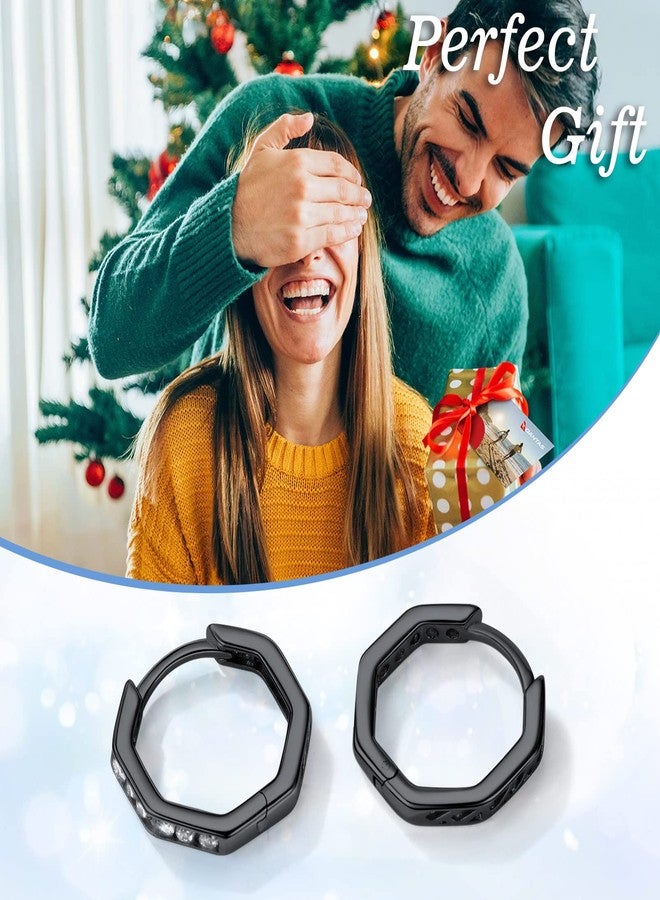 Silvora Womens Black Octagon Small Hoop Earrings Shining Fashion Cubic Zirconia Jewelry Hypoallergenic Safe for Sensitive Ear - Image 3