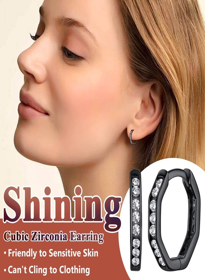 Silvora Womens Black Octagon Small Hoop Earrings Shining Fashion Cubic Zirconia Jewelry Hypoallergenic Safe for Sensitive Ear - Image 2