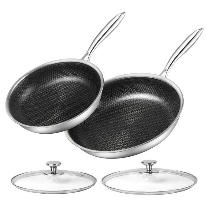 STAINLESS STEEL FRYING PAN SET WITH LID 10 AND 12 NONSTICK HONEYCOMB COATINGS SKILLET SET 2PCS WSTAY COOL HANDLEWORKS PAN FOR COOKING WITH INDUCTION GAS STOVETOPS