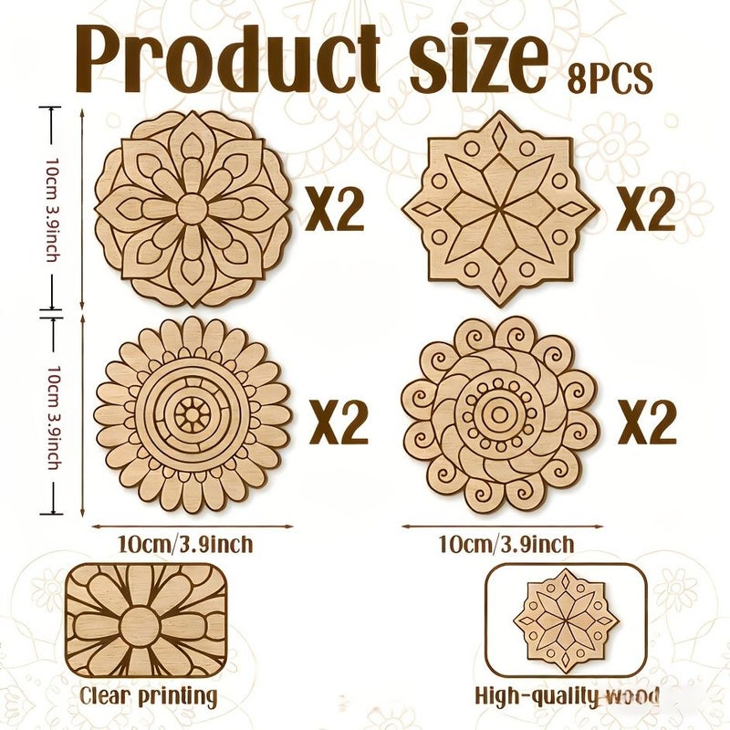 8 Piece Set Unfinished Mandala Wooden Art Painting Craft Kit Creative Graffiti Tool - Image 3