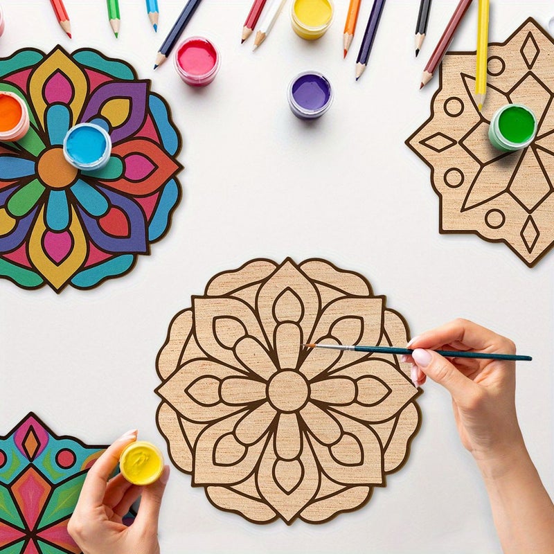 8 Piece Set Unfinished Mandala Wooden Art Painting Craft Kit Creative Graffiti Tool - Image 1