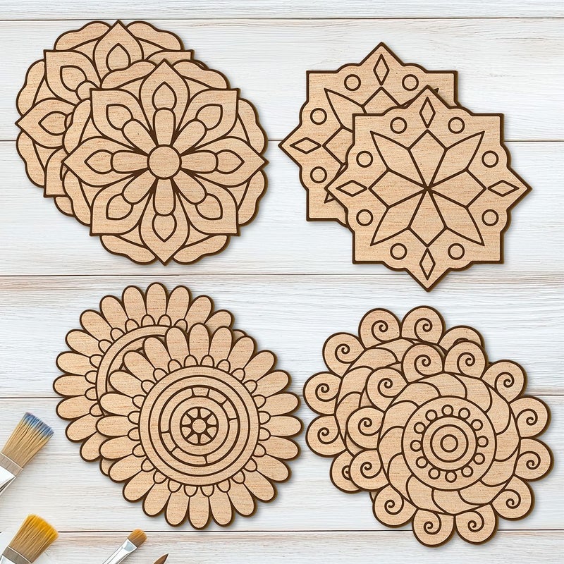 8 Piece Set Unfinished Mandala Wooden Art Painting Craft Kit Creative Graffiti Tool - Image 4