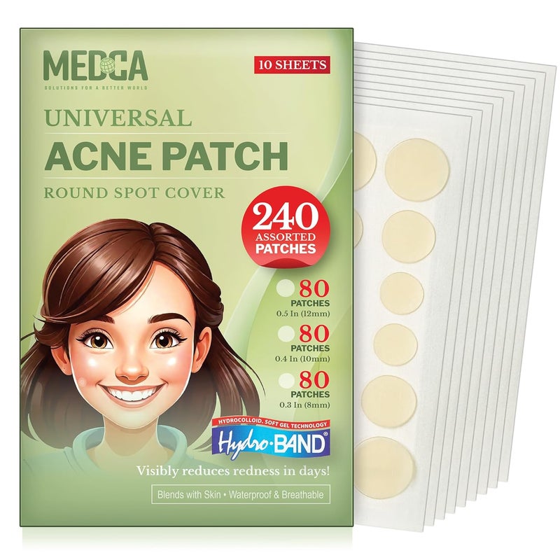 MEDca Acne Absorbing Covers  Hydrocolloid Acne Care Bandages 240 Count Three Universal Patch Sizes Acne Blemish Treatment for Face  Skin Spot Pore Patch that Conceals Reduce Pimples and Blackheads