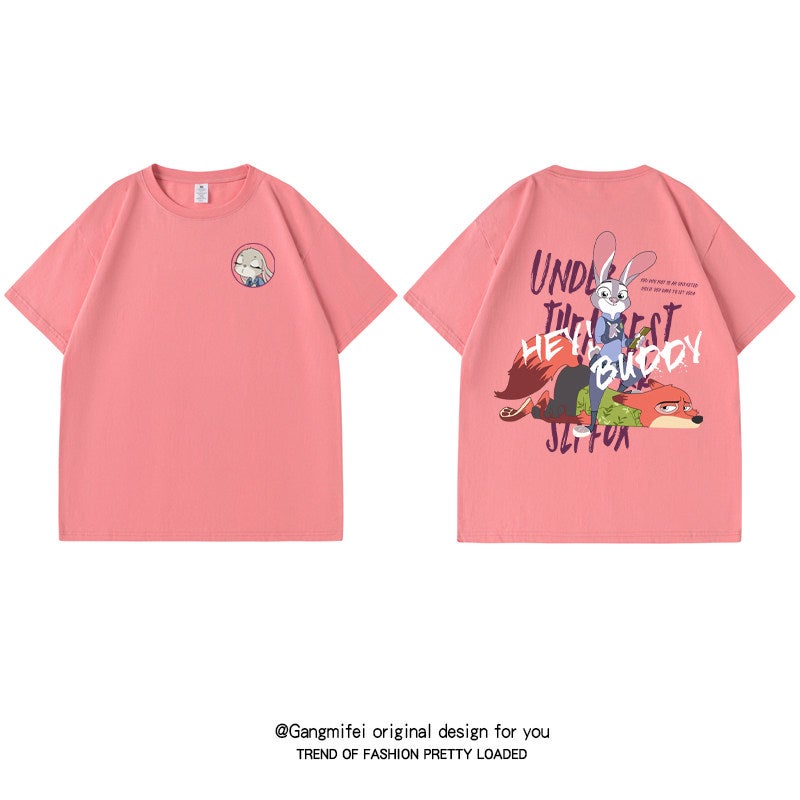 Zootopia T-shirt for men and women, Judy Nick joint short-sleeved couple outfit, loose casual cotton top for students - Image 1