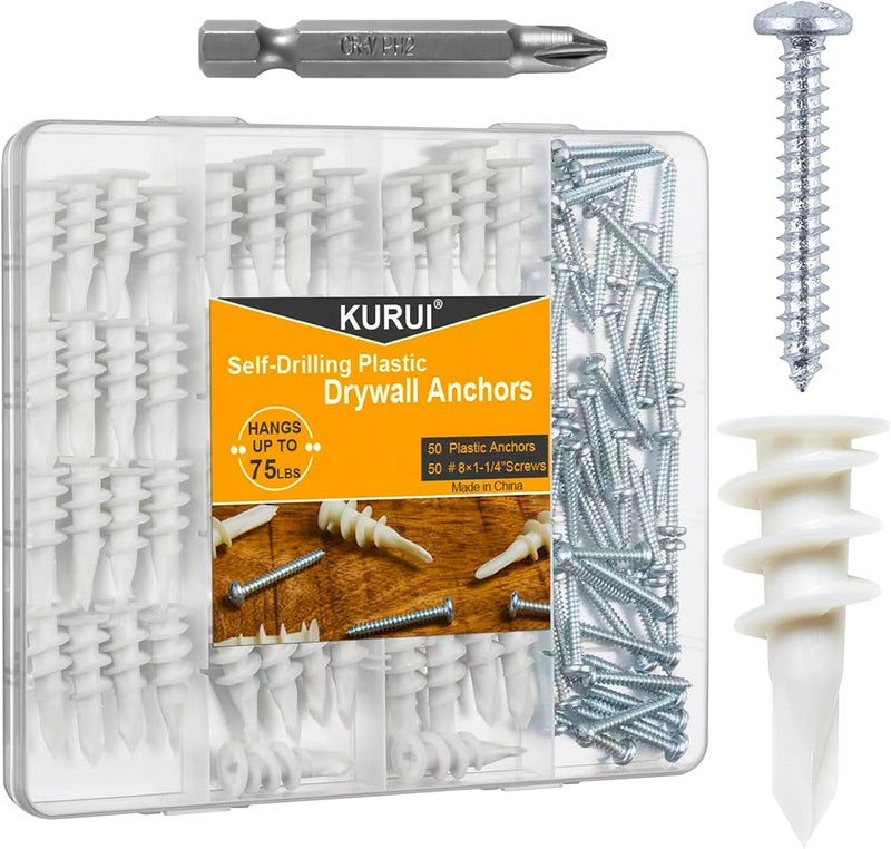 KURUI #8 Self Drilling Drywall Anchors with Screws Kit, Heavy Duty Dry Wall Anchors for Hanging Sheetrock, 50 Self-Tapping Plastic Drywall Hangers 50 Sheet Rock Screws, 100PCs Mounting Hardware -75LB - Image 1