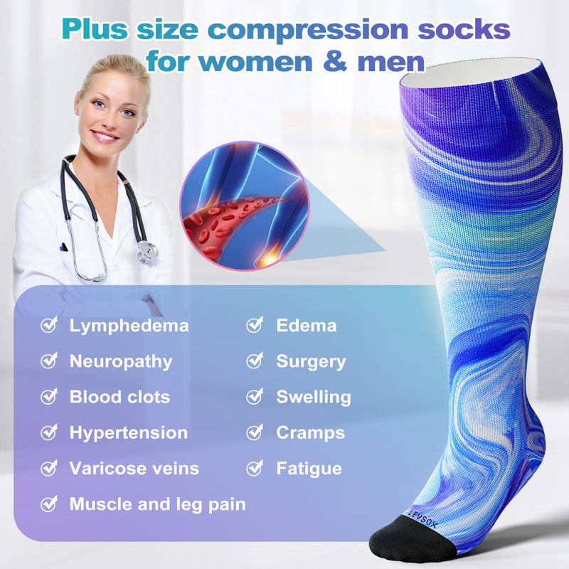 LEVSOX Wide Calf Compression Socks for Women Men Plus Size 15-20 mmHg Extra Large Knee High Support Sock for Nurses Pregnant Travel - Image 2