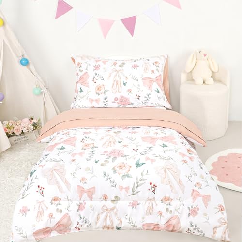 GFU 4 Piece Toddler Bedding Set, Ultra Soft and Breathable Toddler Comforter Sets for Girls Includes Quilted Comforter, Fitted Sheet, Flat Sheet and Pillowcase, Pink Flowers - Image 1