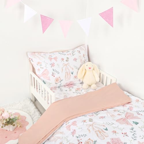 GFU 4 Piece Toddler Bedding Set, Ultra Soft and Breathable Toddler Comforter Sets for Girls Includes Quilted Comforter, Fitted Sheet, Flat Sheet and Pillowcase, Pink Flowers - Image 5