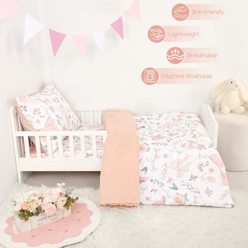 GFU 4 Piece Toddler Bedding Set, Ultra Soft and Breathable Toddler Comforter Sets for Girls Includes Quilted Comforter, Fitted Sheet, Flat Sheet and Pillowcase, Pink Flowers - Image 2