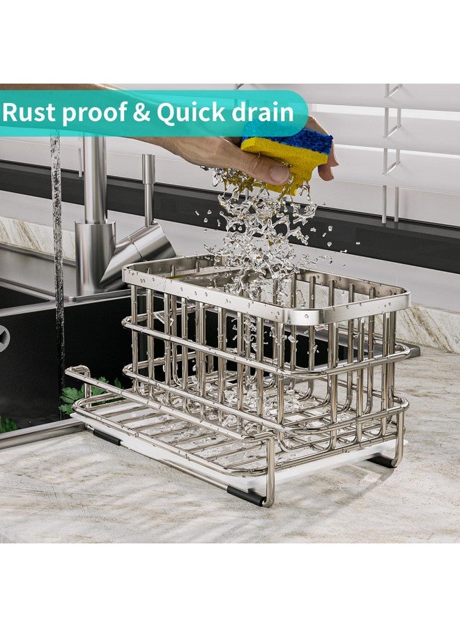 HapiRm Kitchen Sink Organizer, SUS304 Stainless Steel Rustproof Multifunctional Large Sink Caddy with Sponge Holder and Drain Tray for Kitchen Countertop (Silver) - Image 2