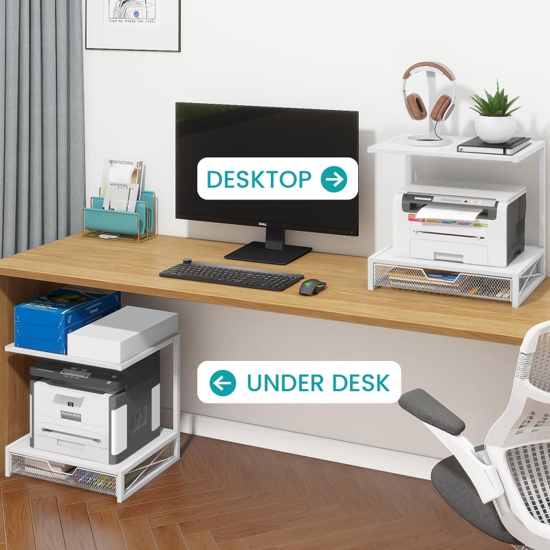 ELITEROO Printer Stand for Desk with Storage Drawer, 2 Tier Desktop or Under Desk Shelf, Wood Desktop Organizer for Home Office, Fits 3D Printer, Scanner, Fax Machine, Cricut, White - Image 3