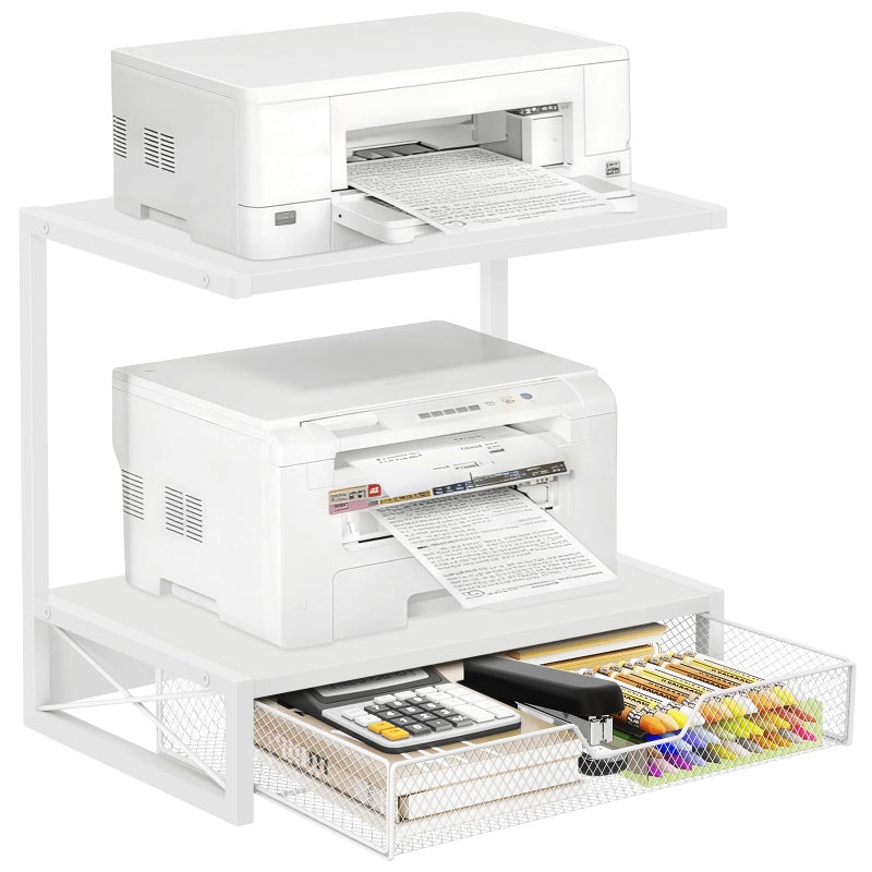 ELITEROO Printer Stand for Desk with Storage Drawer, 2 Tier Desktop or Under Desk Shelf, Wood Desktop Organizer for Home Office, Fits 3D Printer, Scanner, Fax Machine, Cricut, White - Image 1