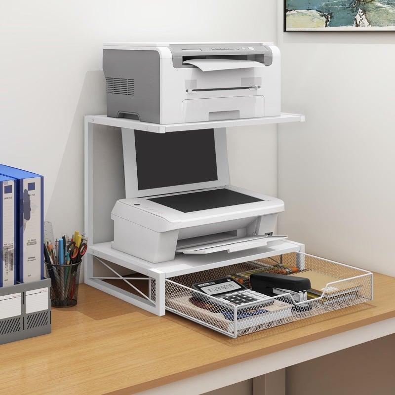ELITEROO Printer Stand for Desk with Storage Drawer, 2 Tier Desktop or Under Desk Shelf, Wood Desktop Organizer for Home Office, Fits 3D Printer, Scanner, Fax Machine, Cricut, White - Image 2