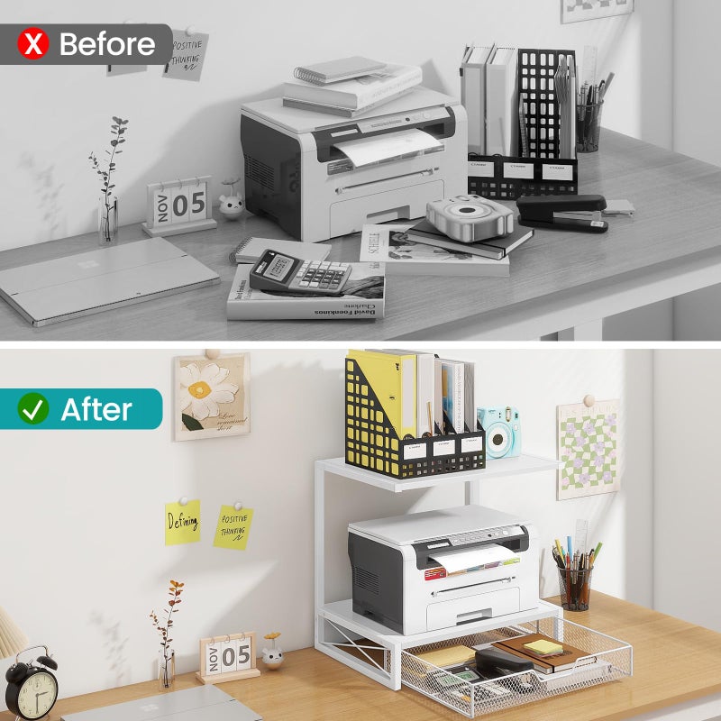 ELITEROO Printer Stand for Desk with Storage Drawer, 2 Tier Desktop or Under Desk Shelf, Wood Desktop Organizer for Home Office, Fits 3D Printer, Scanner, Fax Machine, Cricut, White - Image 4