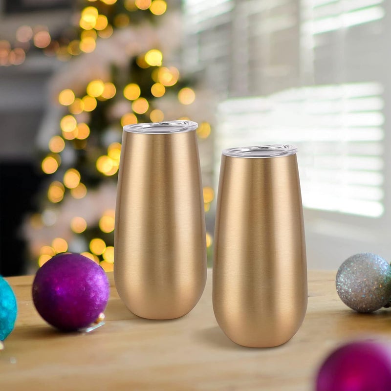 Lifecapido 8 Pack Insulated Champagne Tumblers, Stemless Champagne Tumbler 6 Oz, Champagne Flutes Wine Tumbler, Unbreakable Cocktail Cups with Lid, Gift for Family Friends Christmas Birthday Wedding (Gold) - Image 2