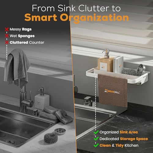 NEVADRILL Kitchen Sink Organiser Rack, ABS Material, Wall Mounted Storage Shelf with Towel Hanging Rack, Multiple Use for Bathroom Kitchen Sink, Cleaning Supplies Organizer [ND-13314] - Image 4