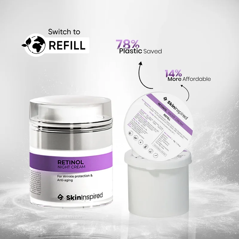 Skininspired  SkinInspired Retinol Night Cream Refill | 0.1% Retinol & Hyaluronic Acid | Anti-Wrinkle Cream for Women | Night Cream For Women & Men Glowing Skin | For Normal to Dry Skin | Eco-Friendly & Cost-Saving for Women | Best Price UAE