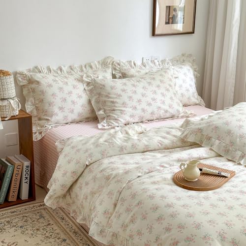 mixinni Pink Floral Duvet Cover Set King Size - 100% Cotton Ruffle Lace Bedding Set for Girls, Romantic Cottagecore Style Duvet Cover with Zipper Closure, Soft Aesthetic Princess Bedding-King - Image 2