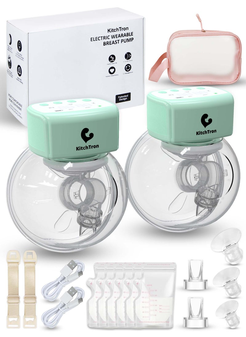KitchTron - Double Breast Pump, Hands-Free Breast Pump, Wearable Breast Pump, With 2 Modes & 12 Levels, Type-C Rechargeable, Smart LED Display, 3 connectors (17mm, 19mm, 21mm) & 6 breast milk storage bags 250ml - Image 1