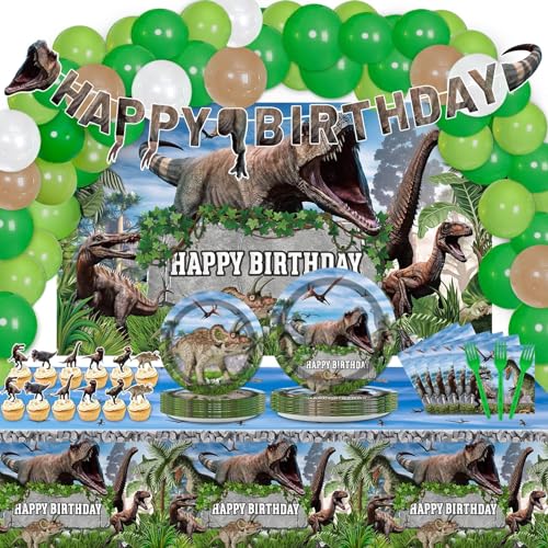 Tevxj 189 Pcs Dinosaur Birthday Party Supplies Set Dinosaur Party Decorations Kit Dinosaur Plates for Birthday Party Includes 24 Guests Tablecloth Backdrop Banners Cake Topper Baby Shower Kids Party Favors - Image 1