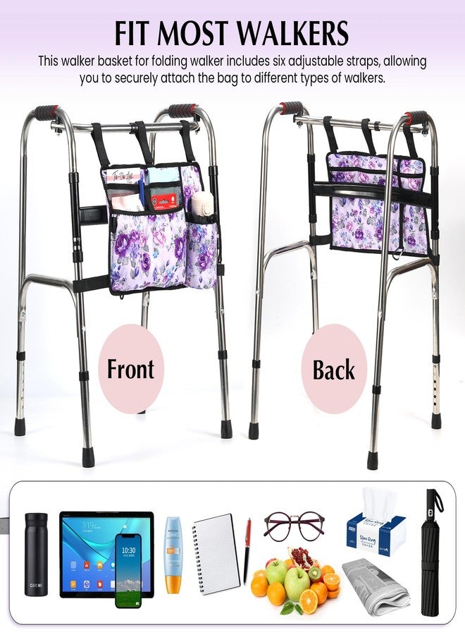 CLEKEGBAG Walker Accessories for Folding Bag Walker Seniors Organizer Storage Pouch Cup Holder Carry with Pockets Detachable -Purple Flower - Image 3
