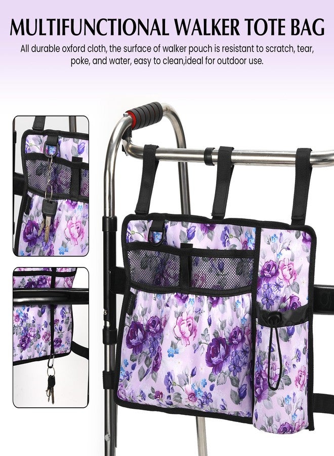 CLEKEGBAG Walker Accessories for Folding Bag Walker Seniors Organizer Storage Pouch Cup Holder Carry with Pockets Detachable -Purple Flower - Image 4