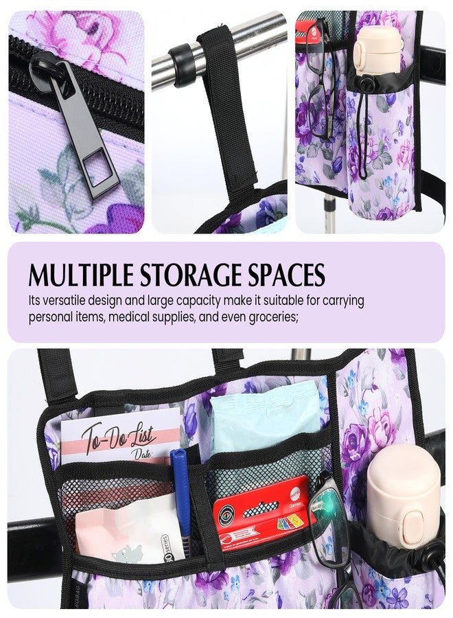 CLEKEGBAG Walker Accessories for Folding Bag Walker Seniors Organizer Storage Pouch Cup Holder Carry with Pockets Detachable -Purple Flower - Image 5