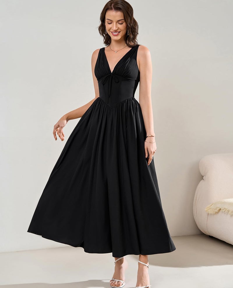 GLNEGE Women's Summer Corset Midi Milkmaid Dress Casual V Neck Flowy A Line Sundress Wedding Guest Dresses with Pockets 2026 Black - Image 4