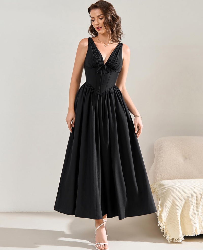 GLNEGE Women's Summer Corset Midi Milkmaid Dress Casual V Neck Flowy A Line Sundress Wedding Guest Dresses with Pockets 2026 Black - Image 5