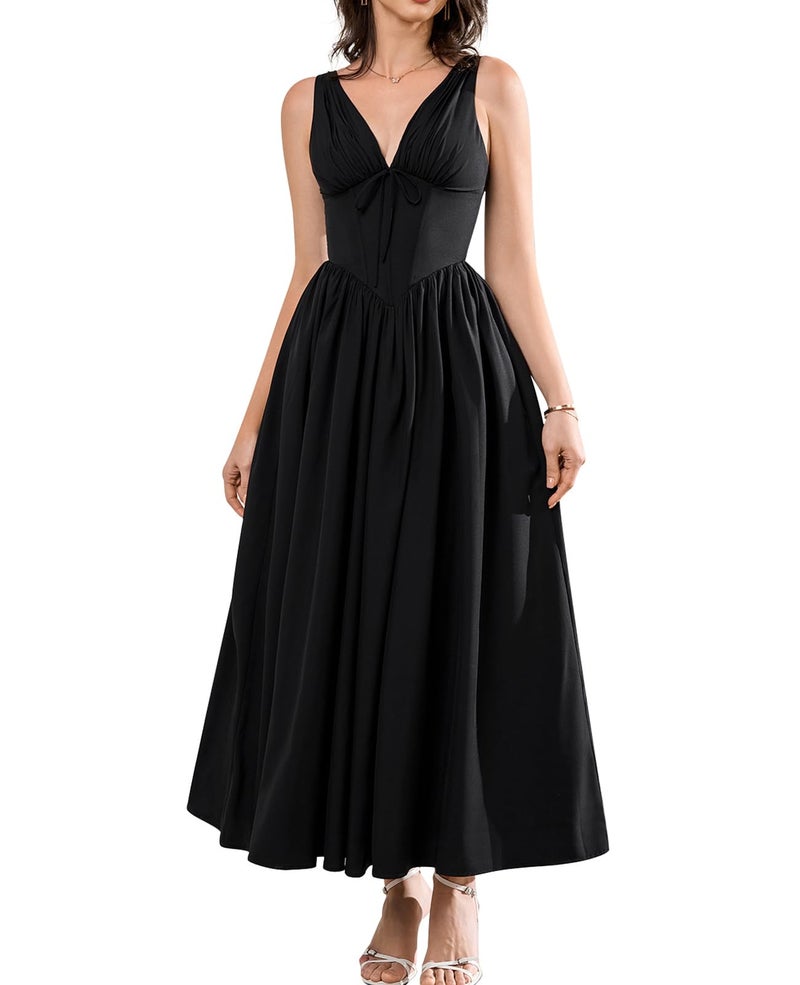 GLNEGE Women's Summer Corset Midi Milkmaid Dress Casual V Neck Flowy A Line Sundress Wedding Guest Dresses with Pockets 2026 Black - Image 1