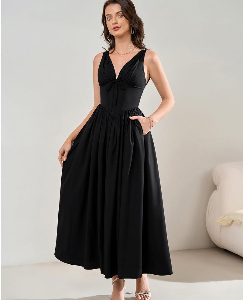 GLNEGE Women's Summer Corset Midi Milkmaid Dress Casual V Neck Flowy A Line Sundress Wedding Guest Dresses with Pockets 2026 Black - Image 2