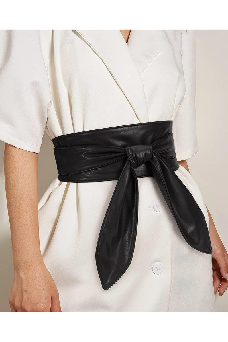 أوزيغالور حزام نسائي بشريط عريض من الجلد الصناعي بعقدة عريضة، طويل جداً، أسود، للجينز والفساتين - Image 1