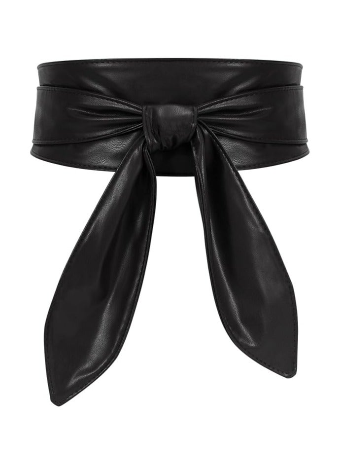أوزيغالور حزام نسائي بشريط عريض من الجلد الصناعي بعقدة عريضة، طويل جداً، أسود، للجينز والفساتين - Image 2