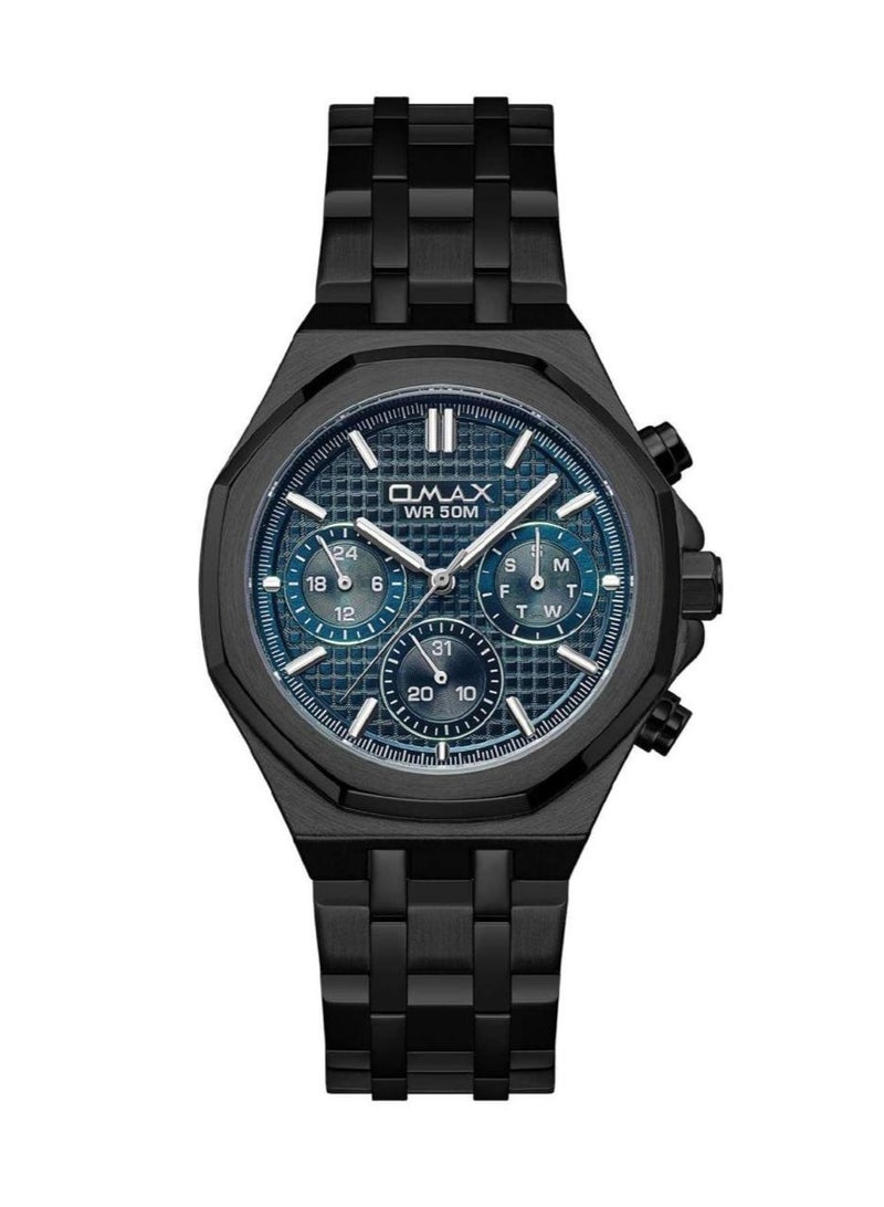 Omax Men's Chronograph Wrist Watch, Black with Blue Dial, WR 50M - Image 1