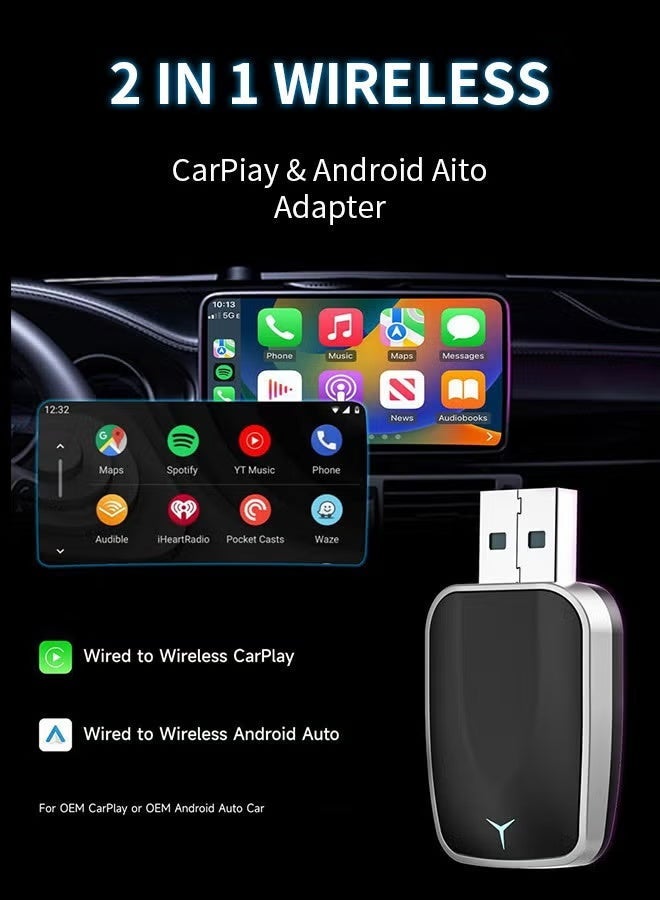 Mini Wireless Carplay Adapter,Wired to Wireless Car Play & Android 2 In 1 Adapter for Apple iPhone & Android Phone,Fast Auto-Connect, Low Latency, USB-A & USB-C Compatible - Image 3