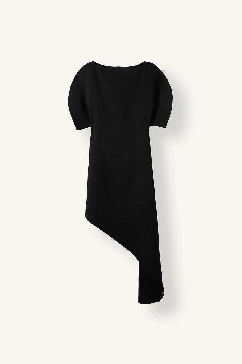 Asymmetric Boat Collar Crepe Balloon Sleeves Midi Dress